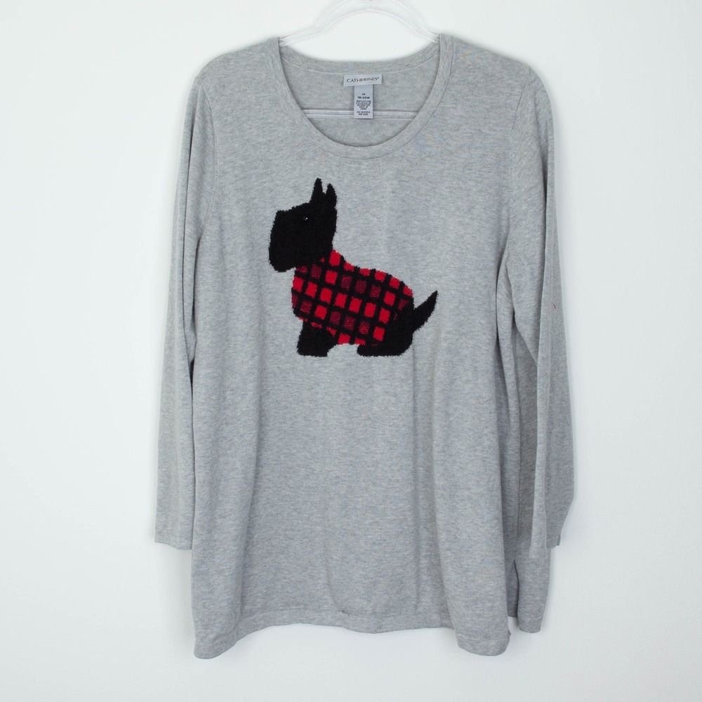 Catherines Womens Gray Scottie Dog Scoop Neck Sweater Size 1X Gray Preppy Cozy‎